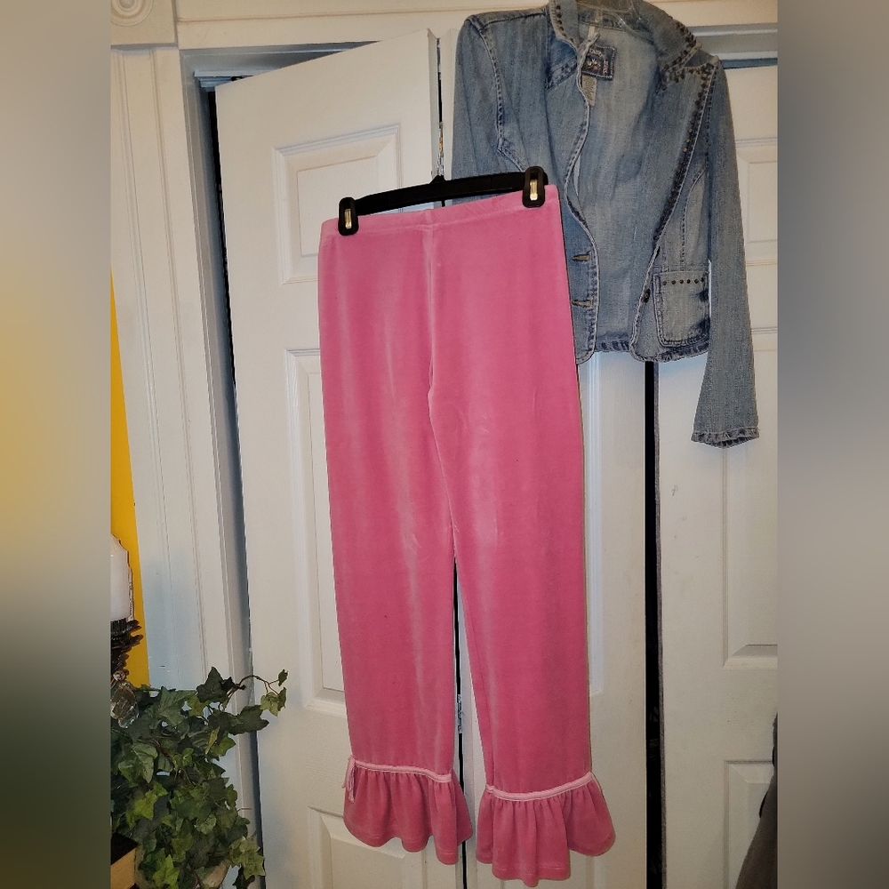 Pink VELOUR comfy Pant ruffle bell bottoms xl youth or xs ladies . See measureme